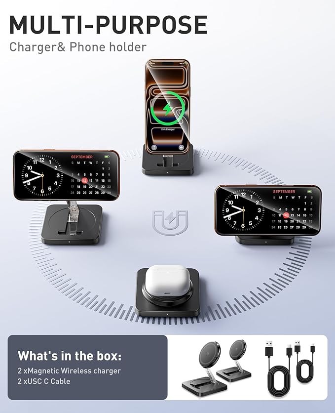 Magnetic Wireless Charger [2 Pack] 15W Foldable Fast Charging Stand for iPhone 17/16/15/14/13/12 Series/AirPods 3/2/Pro 2/3 Samsung Wireless Charger Station for Galaxy S25 Ultra/S24/S23/S22/S21/S20