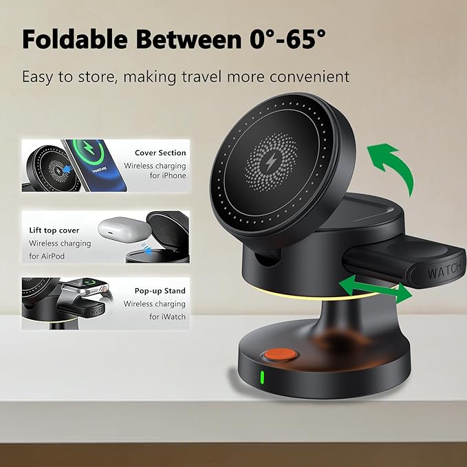 3-in-1 Wireless Charging Station Magnetic Charging Stand for iPhone air pods and Apple Watch Portable Fast Charger for Travel Home Office