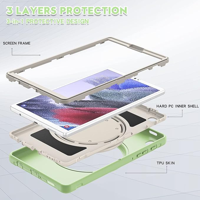 Shockproof Case for Samsung Galaxy Tab A7 Lite 8.7 Tablet Techcircle Rotating Stand Handle Heavy Duty Bumper Hybrid Cover Protective Case for Galaxy Tab A7 Lite (2021) SM-T220/T225 Matcha Green