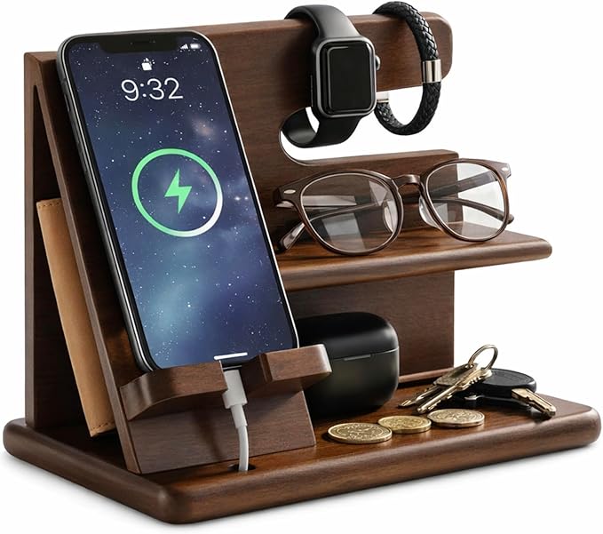 360° Rotating Nightstand Organizer - Wood Phone Docking Station with Rotating Base Charging Slot Holds watch Wallet Keys Eyewear - Birthday Gifts for Men &amp Women Bedroom or Office Use Dark