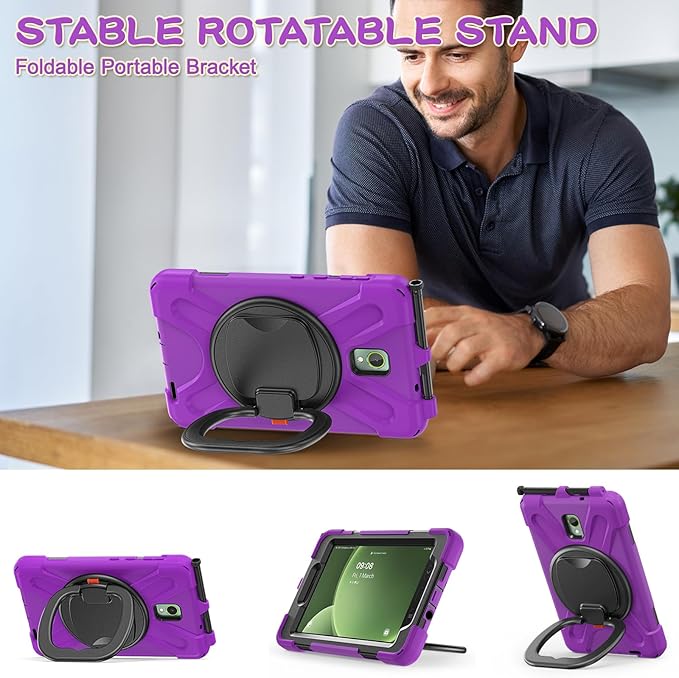 Rugged Case for Samsung Galaxy Tab Active5 5G (SM-X306B/X300) w/ 360° Rotating Hanging Ring Handle Grip Kickstand Heavy Duty Shock-Proof Armor Cover w/Shoulder Strap Stylus Holder (Purple)