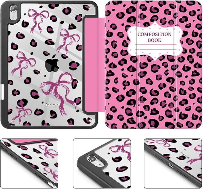 Mektron Printed Case for iPad mini 7 (A17 Pro) 2024/ Mini 6 2021 iPad mini 7th/6th Generation 8.3-inch Liquid Retina Display Cover Buit in Pencil Holder with Clear Back Shell Composition Book-Bows