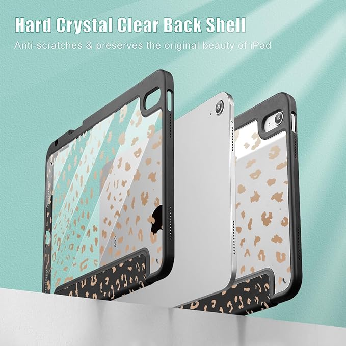 May Chen Case for iPad Air 13 Inch M4 2026 M3 2025 M2 2024 [Built-in Pencil Holder] Shockproof Cover with Clear Transparent Back Shell Auto Sleep/Wake Cover Leopard Print