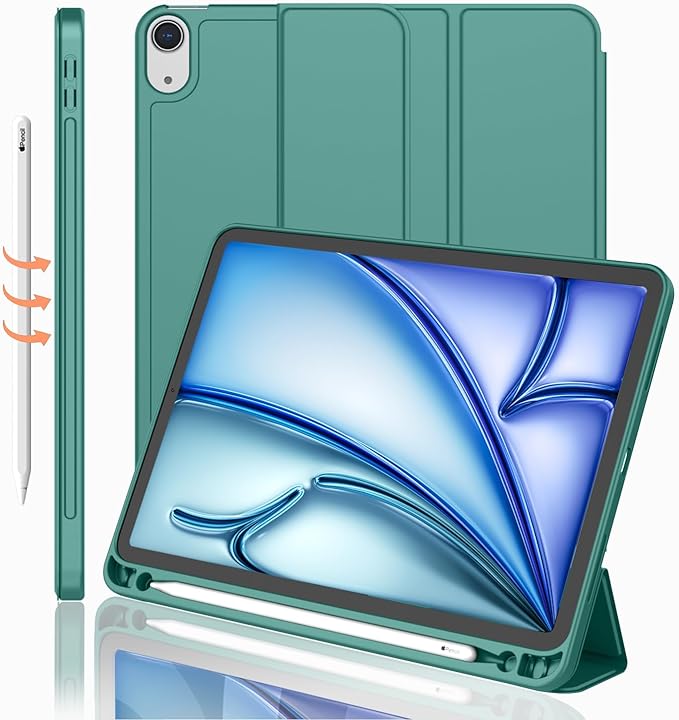 iMieet iPad Air 11 Inch Case M4/M3/M2(2026/2025/2024) iPad Air 5th/4th Generation Case 2022/2020 10.9 Inch with Pencil HolderTrifold Stand Smart Case with Soft TPU Back(Forest Green)