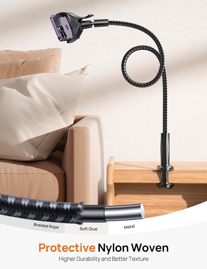 Aomiker Gooseneck Phone Holder for Bed - [2025 Upgrade Nylon Braid] 38” Long Flexible Lazy Arm Clip 360 Adjustable Overhead Phone Mount for iPhone 15 14 13 12 11 Pro Max Mini Plus all 4-7 Cellphone