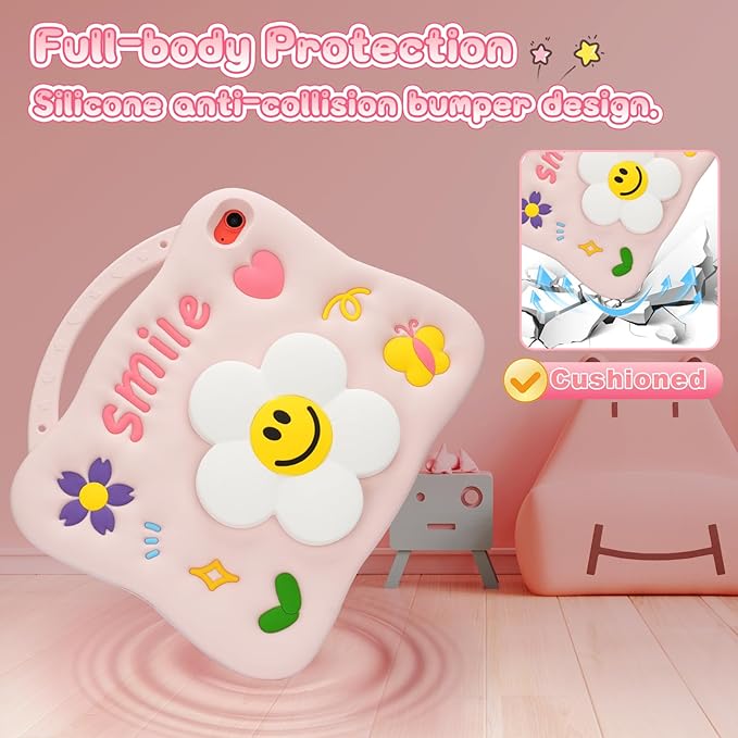 Kids Case for iPad （A16） 11th Generation 11 inch 202510th Generation 10.9‘’ 2022 3D Cute Silicone Cover with Sunflower Kickstand Adjustable Shoulder Strap &amp Pencil Holder for Girls -Pink