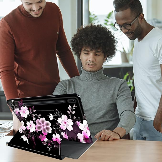 Case for Samsung Galaxy Tab S9 Plus/X810/X816B/X818U/S9 FE Plus 12.4inch Pink White Flowers Theme 360 Degree Rotating Stand Smart Protective Cover for Samsung S9 Plus Tablet