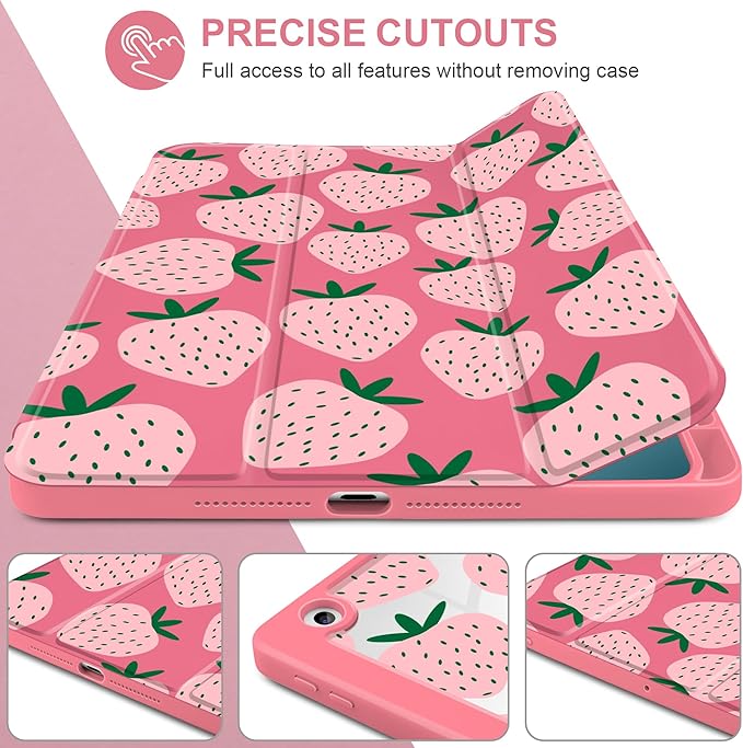 MEEgoodo Case for iPad 10.2 inchTablet Cases for iPad 9th Generation 2021/8th Gen 2020/7th Gen 2019 with Clear Acrylic Back Shell+Pencil Holder+Auto Wake/Sleep+Trifold StandMinimalist Strawberry