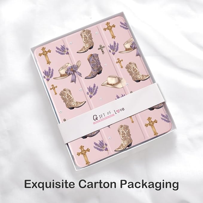 Western Cowgirl Boots Hat Cross for iPad Pro 13 Inch Case (M5/M4) 2025/2024 with Pencil Holder Auto Sleep/Wake Pink Leather Soft TPU Back Cover