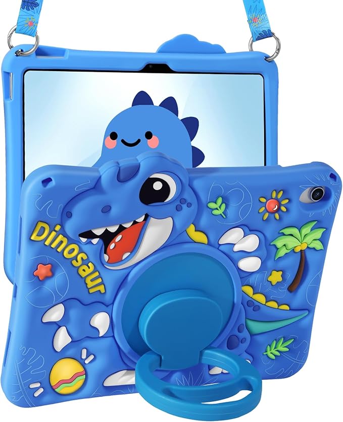 Boaretiu for iPad A16 Case/10th Generation Case - Blue Dinosaur Cool for Boys Girls Teens Soft Silicone Cute with Shoulder Strap &amp Rotating Stand Case for iPad A16 11th Generation 11 Inch 2025