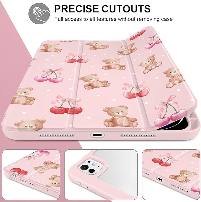 TWOLSKOO Case for iPad Pro 11-inch (M5 2025 / M4 2024) Clear Acrylic Back with TPU Bumper Pencil Holder Trifold Stand Auto Sleep/Wake Lovely Bear