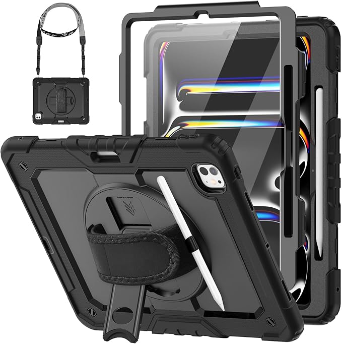 HXCASEAC for iPad Pro 13 Inch Case (M5/M4) 2025/2024Shockproof Design with Pencil Holder Protector Rotating Stand Hand Strap Heavy Duty Protective iPad Pro13 Cover A3360 A3361 A2925 A2926Black