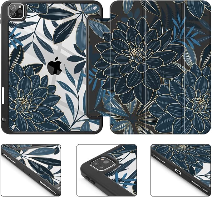 Tuiklol for iPad Pro 11 Inch Case M2 2022 Generation 4th -Built-in Pencil Holder Shockproof Cover Clear Transparent Back Shell Fit for iPad 11’’ 2021 2020 2018 Gen 3rd/2nd/1st for Kid Black Flower