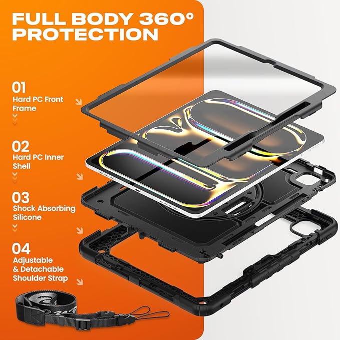 SEYMAC stock Case for iPad Pro 13-inch M5-M4 2025-2024 Shockproof Heavy Duty Case with Screen Protector Pencil Holder Rotating Stand Hand Strap Shoulder Strap Black