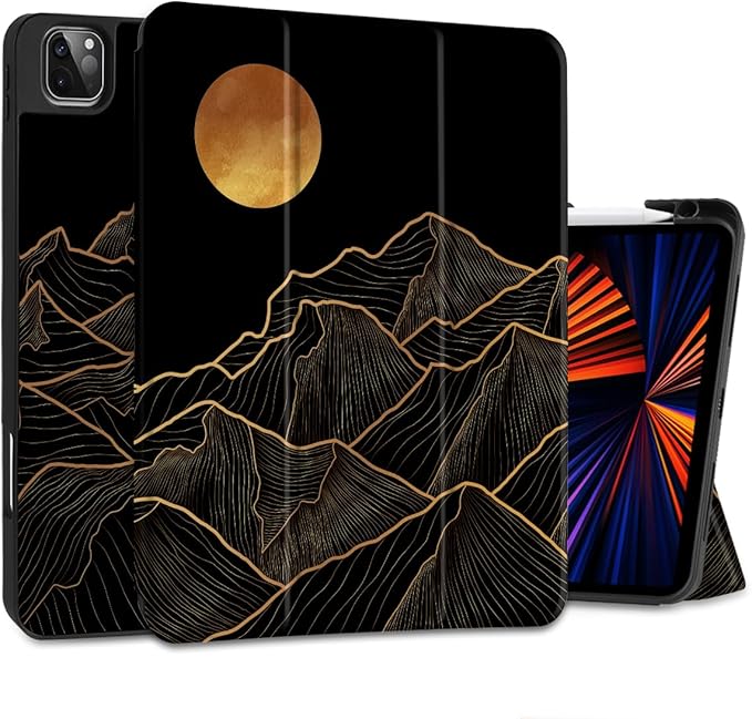 DONGKE Case for iPad Pro 12.9 inch 6th Generation 2022 Built-in Pencil Holder + Trifold Stand + Auto Wake/Sleep + Protective Cover for iPad Pro 12.9 5th/4th/3rd Gen - Golden Mountain