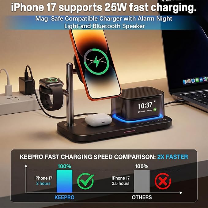 45W 5 in 1 Wireless Charging Station with Alarm Clock and Bluetooth Speaker &amp Night Light Qi2.2 25W Fast Charger for MagSafe for iPhone 17/S26 Ultra Charger Stand for iWatch &amp Galaxy Watch