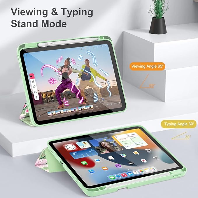 May Chen for iPad (A16) 11th Generation Case 11 Inch 2025 iPad 10th Gen Case 2022 10.9 inch Built-in Pencil Holder with Shockproof Cover Clear Back Shell Auto Wake/Sleep Garden Flower