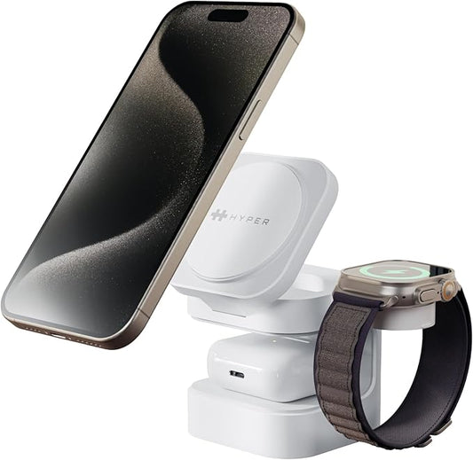 HyperJuice 3-in-1 Wireless Charger Qi2 Magnetic Stand — Fast Charger for iPhone Apple Watch Airpods &amp Qi Compatible Devices — Compact and Adjustable 3 in 1 Design