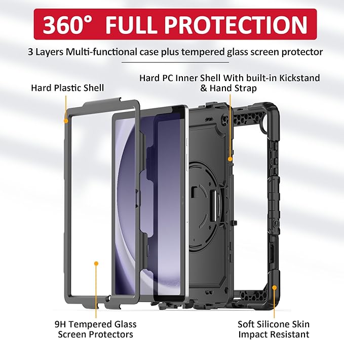 Ambison Case for Samsung Galaxy Tab A9+ Plus 11'' 2023 [Kids Proof] Full Body Protective Case with 9H Tempered Glass Screen Protector 360° Rotatable Kickstand &amp Hand Strap (Black)