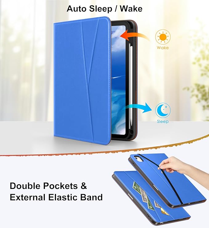 DTTO for iPad Air 11 inch Case M4 / M3 / M2 (2026/2025/2024) iPad Air 5th / 4th Gen (2022/2020) 360 Degree Rotating Premium Leather Folio Stand Cover with Pencil Holder Sapphire Blue