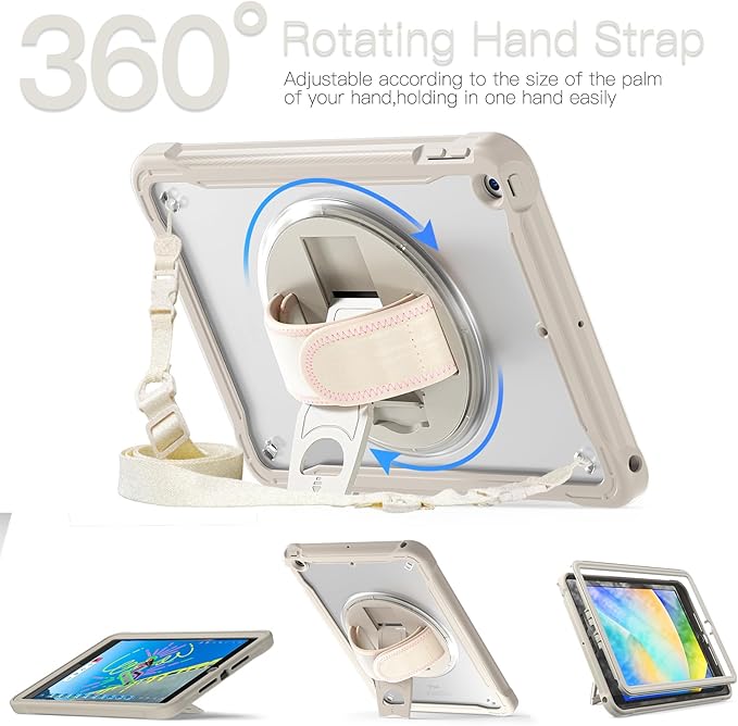 BRAECNstock for iPad 9th/ 8th/ 7th Generation Case 10.2 2021/2020/2019Shockproof Cover with 360° Rotating Hand Strap/StandScreen ProtectorCarrying Shoulder StrapPencil Holder(Khaki)