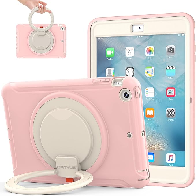 BATYUE Shockproof Case for iPad mini 1/2/3 (2012/2013/2014) - 360° Multi-Angle Stand (Portrait &amp Landscape) &amp Grip Multi-Scene for All Ages Pink