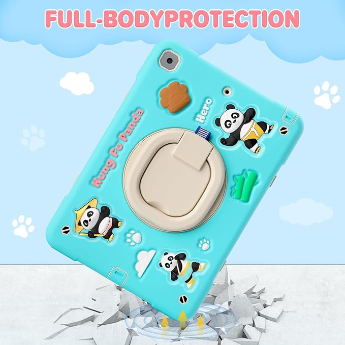 Case for iPad 9th/8th/7th GenerationCute 3D Cool Panda Warrior Design Cover with Screen Protector Rugged Protective Cartoon Case with Stand/Strap/Pen Slot for iPad 10.2 Kids Teens (Mint+White)