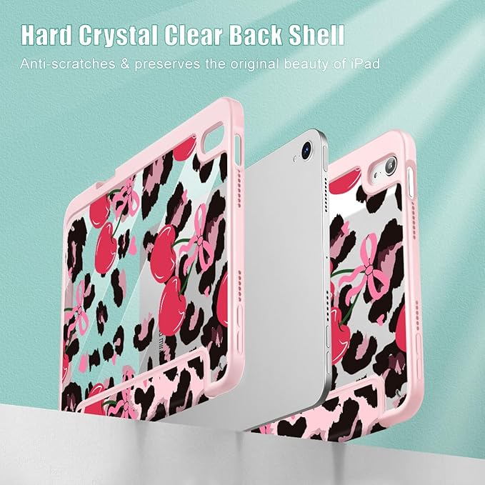 Mektron Printed Case for iPad mini 7 (A17 Pro) 2024/ Mini 6 2021 iPad mini 7th/6th Generation 8.3-inch Liquid Retina Display Cover Buit in Pencil Holder with Clear Back Shell Cherry &amp Cheetah