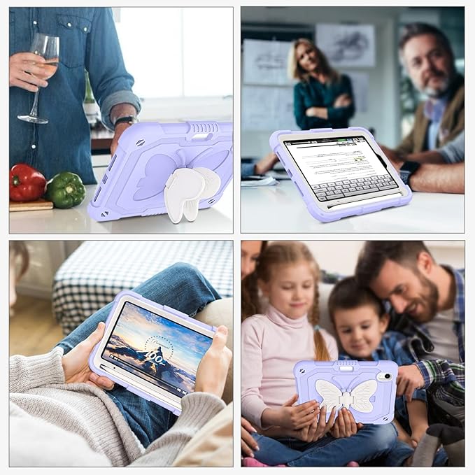 DUEDUE Case for iPad mini 7 (A17 Pro) 2024iPad mini 6 Case 2021 Butterfly Wings Kickstand with Pencil Holder Shockproof Protective Tablet Case for iPad mini 7th/6th Gen Kids Beige/Purple