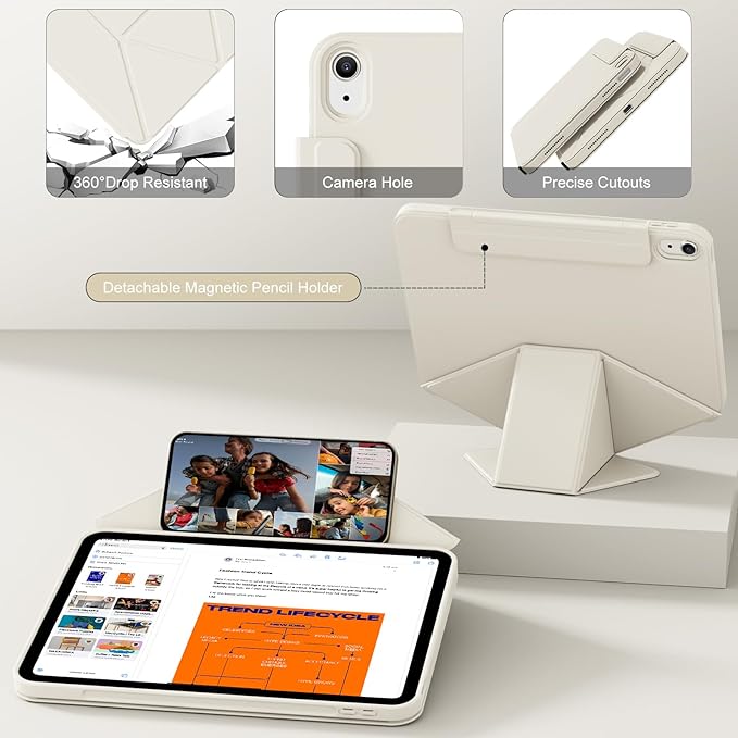 Case for iPad 11-Inch (A16) 11th Generation/ 10.9-Inch 10th Gen (2025/2022) with Pencil Holder Detachable Magnetic 360° Rotating Clear Protective Cover Portrait/Landscape Stand White Cream