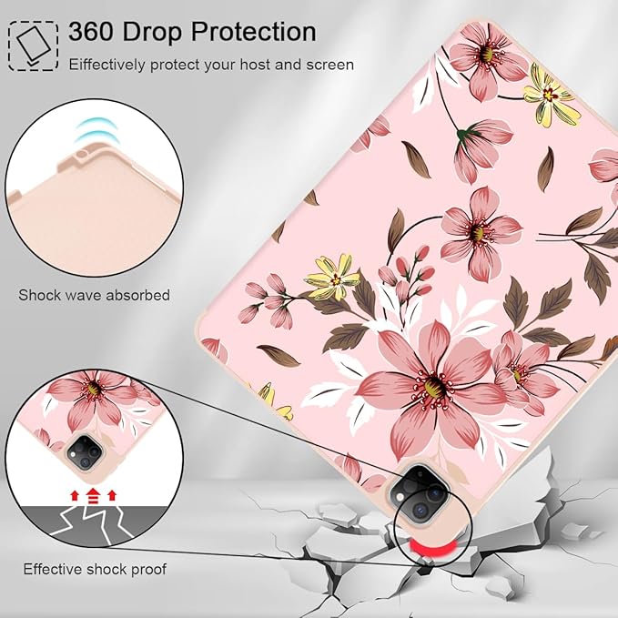 Mektron Case for M5/ M4 iPad Pro 11 inch 2025/2024 with Pencil Holder Compatible Models: A3357/A3358/A3359/A2836/A2837/A3006 Tablet Cover with Soft TPU Back CoverFloral C293
