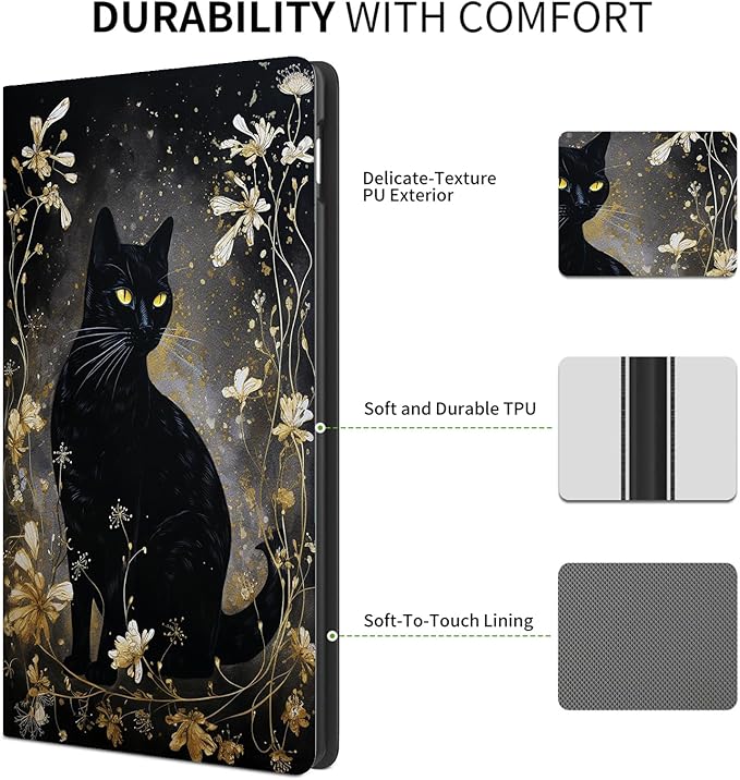 FUYOCWE for Fire Max 11 Tablet Case (13th Generation2023 Release)PU Leather Slim Adjustable Stand Smart Flip Cover for Amazon Kindle Fire Max 11 inch 13th Gen-Black Cat with Gold Floral
