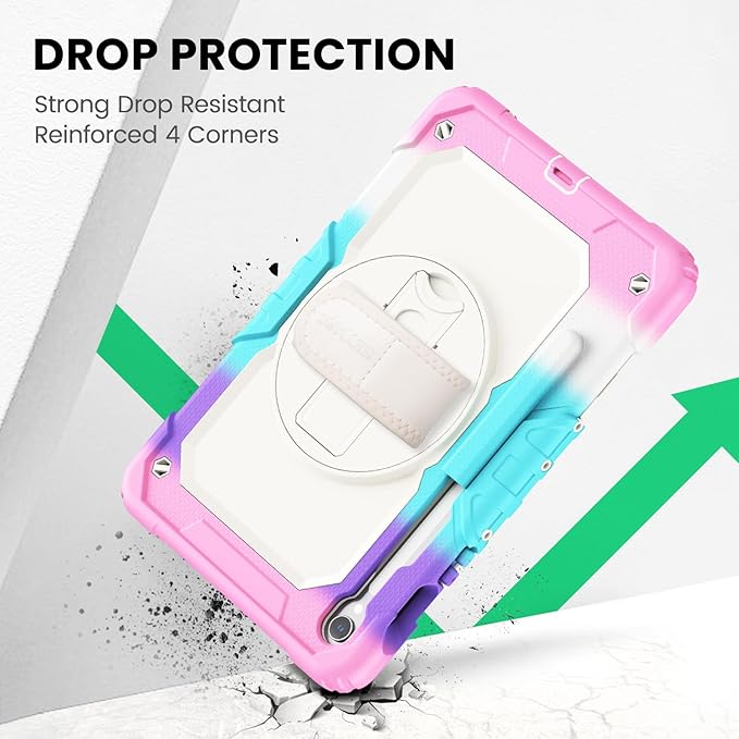 SEYMAC Case for Samsung Galaxy Tab S10 Lite/ S10 FE/ S9 FE/ S9 5G (10.9''/11'') Heavy Duty Shockproof Protective Case with Screen Protector Rotating Stand Hand Strap and Pen Holder Pink