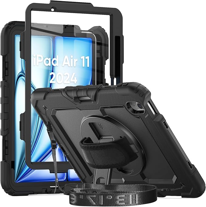 Herize Case Compatible with iPad Air 11 Inch 2025/2024 with Screen Protector Pen Holder | Case for iPad Air 7th/6th Generation 11 Inch | Silicone Rugged Protection Cover W/Stand Hand Shoulder Strap