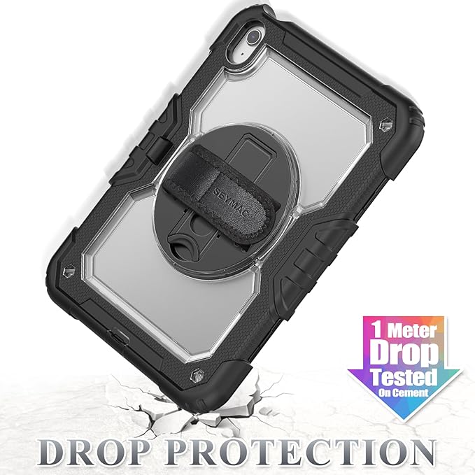 SEYMAC stock Case for iPad (A16) 11th/10th Generation 11''/10.9'' 2025/2022 Full-Body Drop Protection Case with Screen Protector &amp360° Rotate Hand Strap/Stand Transparent+Black