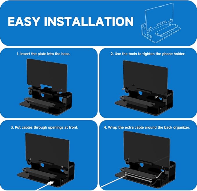 Dual Phone Holder Organizer Stand for 2 Phones Acrylic Desktop Universal Mobile Phone Docking Station Charger Holder with Cable Management Black