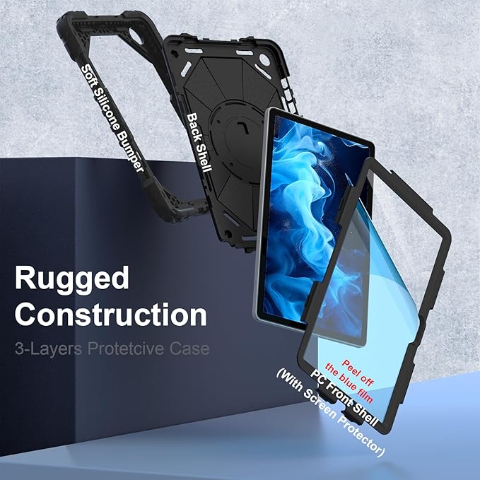 for Samsung Galaxy Tab A11 Plus/A11+ Case 2025 11 Inch Galaxy Tab A9+ Case 2023 Rugged Samsung A11+ Tablet Cover with 360 Rotating Stand Hand Strap Shoulder Strap Screen Protector Black