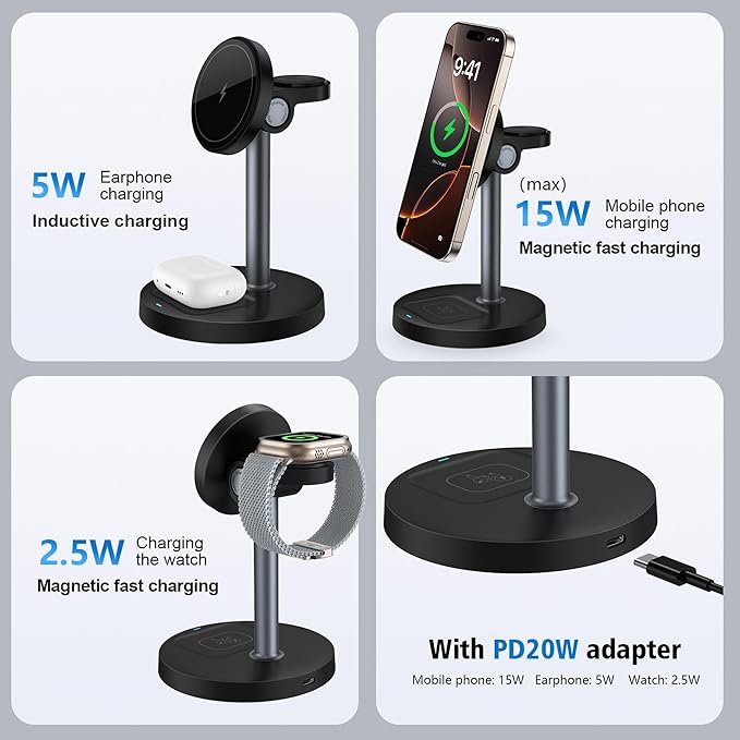 3 in 1 Wireless Charging Station for Multiple Devices 15W Fast Magnetic Wireless Charger Stand with Adjustable Angle Compatible with iPhone12-16 Series Apple Watch AirPods - Gifts for Men &ampWom