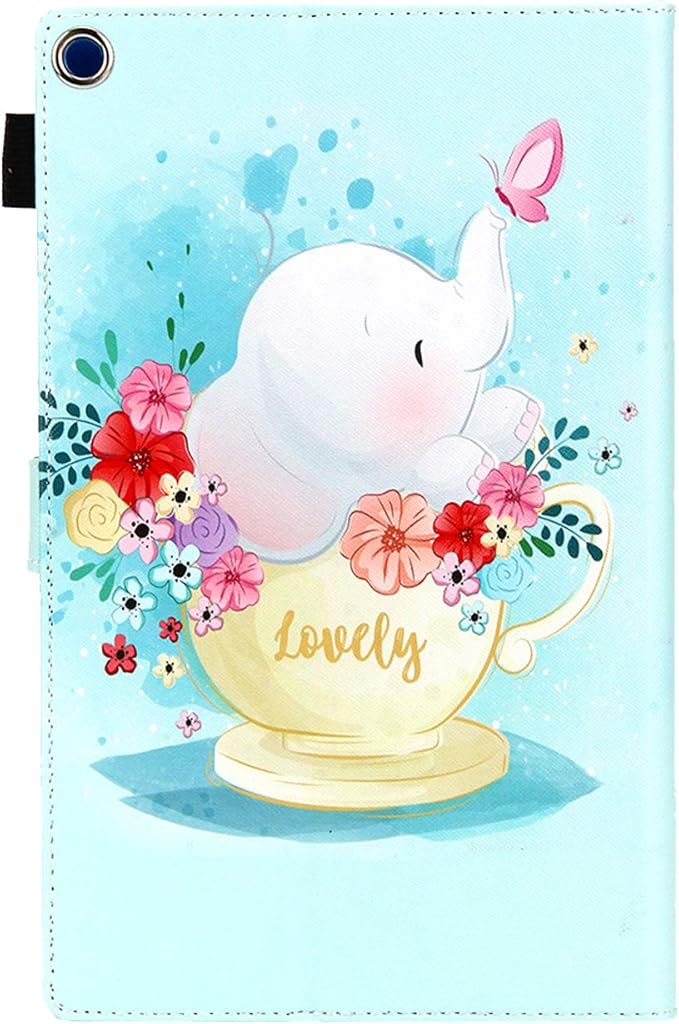Case for 10.1 Amazon Kindle Fire HD 10 Tablet 9th/7th Generation 2019 and 2017 with Stylus Holder Card Slots [Auto Sleep/Wake] Smart Stand PU Leather Magnetic Folio Cover Flower Elephant