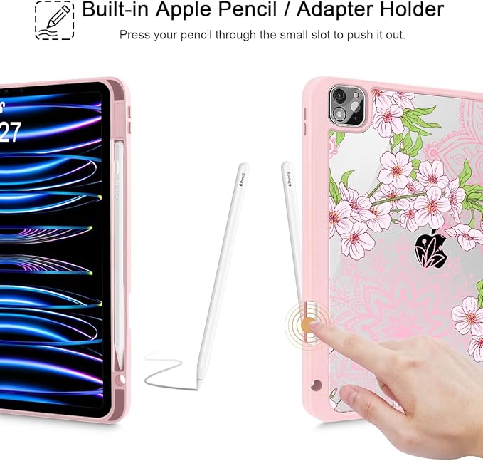 Mektron Case for iPad Pro 11 inch Case M2 2022 Generation 4th Fit 2021 2020 2018 iPad Pro 11 (3rd 2nd &amp 1st Gen) -Buit in Pencil Holder with Shockproof Cover Clear Shell Blossom Sakura-Pink