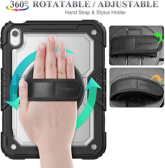 SEYMAC stock Case for iPad (A16) 11th/10th Generation 11''/10.9'' 2025/2022 Full-Body Drop Protection Case with Screen Protector &amp360° Rotate Hand Strap/Stand Transparent+Black