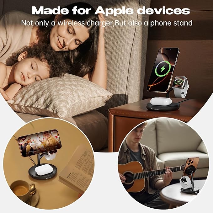 3 in 1 Charging Station for AppleFast Magnetic Wireless Charger for Multiple Devices iPhone 16/15/14/13/12for Airpods and Apple Watch Magsafe Charging Dock Stand