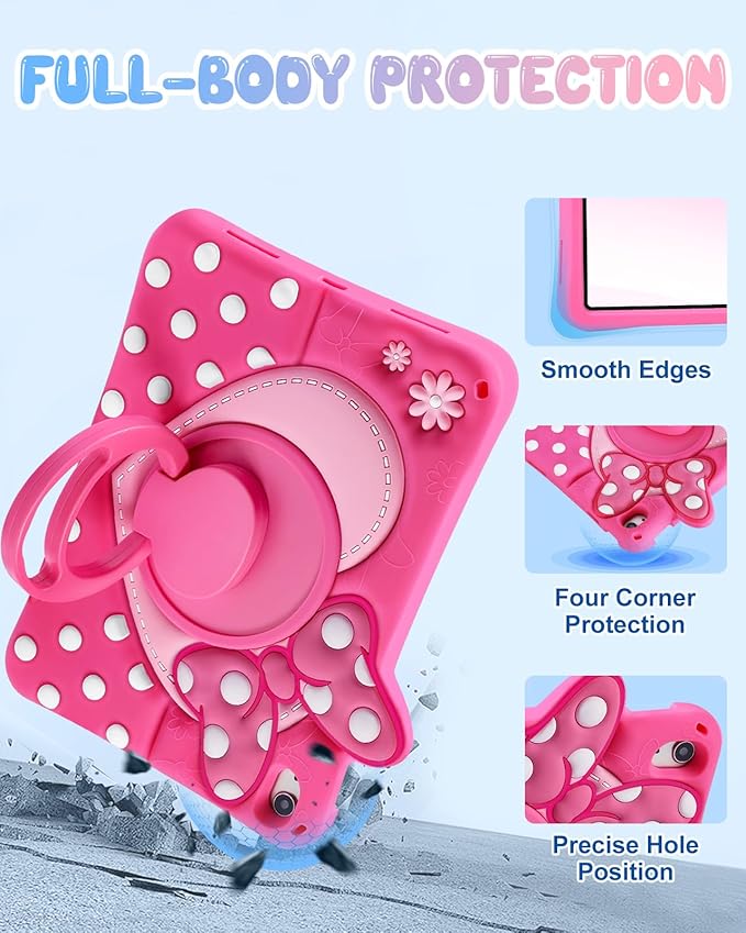 Boaretiu Kids Case for iPad A16 11th Generation 11 Inch 2025/for iPad 10th Gen 2022 10.9 Inch - Cute Girly Cartoon Soft 3D Bow Heart Dot Silicone Cover with Strap &amp Rotating Stand for Girls Teens
