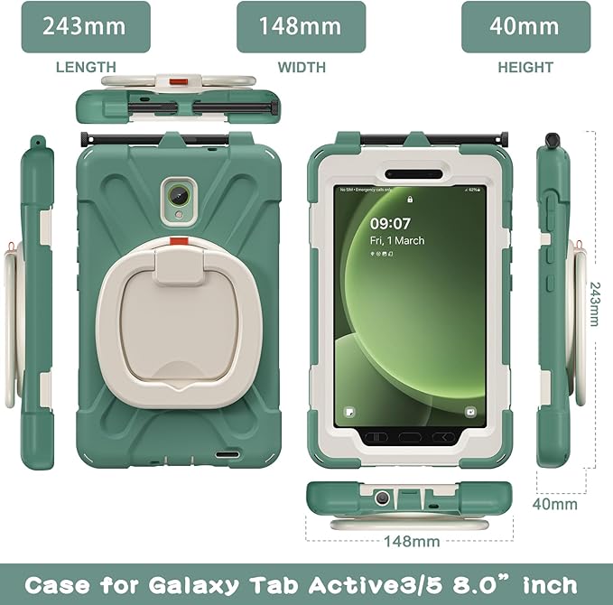 Rugged Case for Samsung Galaxy Tab Active5 5G (SM-X306B/X300) w/ 360° Rotating Hanging Ring Handle Grip Kickstand Heavy Duty Shock-Proof Armor Cover w/Shoulder Strap Stylus Holder (Green)