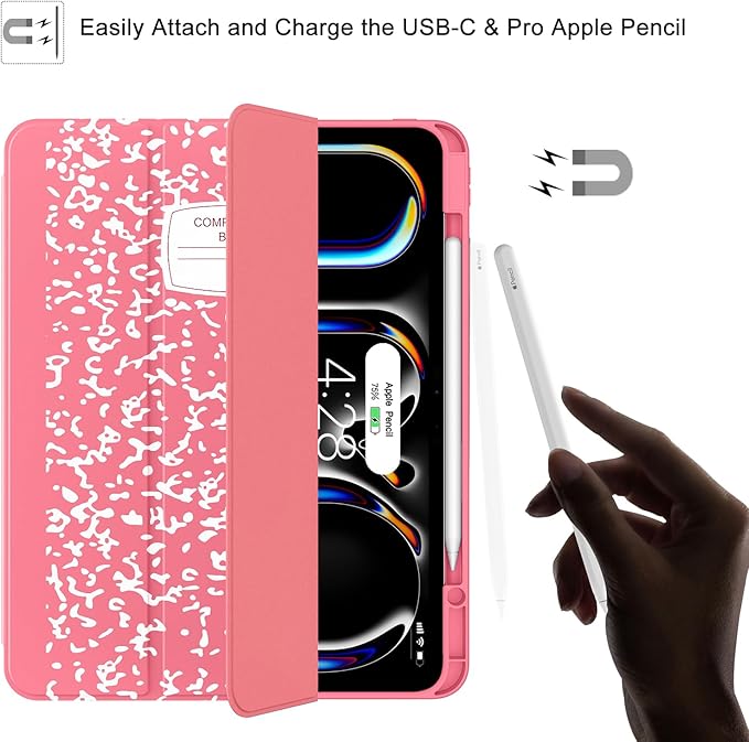 Soke Case for New iPad Pro 13 Inch (M5/M4 2025/2024 Release) with Pencil Holder Trifold Stand Shockproof [Support Apple Pencil Charging + Auto Wake/Sleep] Soft TPU Back Cover Book Watermelon
