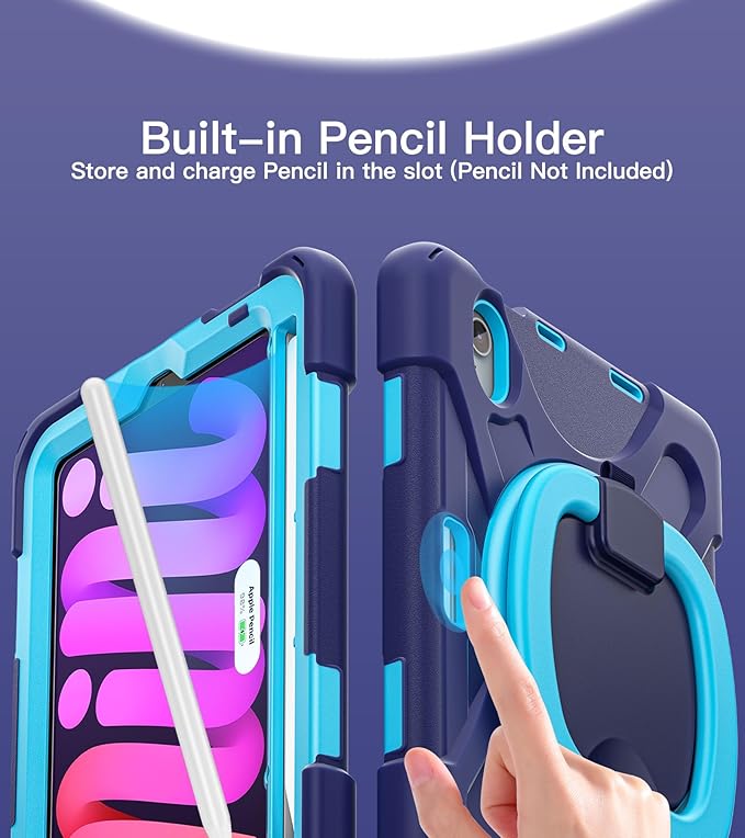 BATYUE Case for iPad mini 7 (A17 Pro) 2024/ iPad mini 6 (A15 Bionic) 2021 8.3 inch Shockproof Case for iPad mini 7th/6th Gen with Pencil Holder/ 360° Swivel Stand/Shoulder Strap - Navy Blue