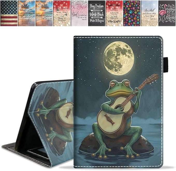 Case for Amazon Kindle Fire 7 Tablet (7 9th/7th Generation 2019/2017 Release) Slim PU Leather Cover with Card Slot &amp Auto Wake/Sleep Frog Playing Guitar