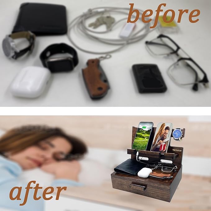 Gifts for Men Women Husband Son Boyfriend Him Nightstand Organizer Wood Phone Docking Station Birthday Gifts (Walnut) | Gifts for Men Women Birthday Gifts