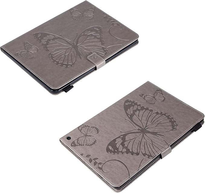 for Kindle Fire HD 10 &amp HD 10 Plus Case 13th/11th Generation 10.1 (2023/2021) Stand Embossed PU Leather Magnetic Wallet Cover with Pencil Holder/Pockets [Auto Wake/Sleep] Gray Butterfly