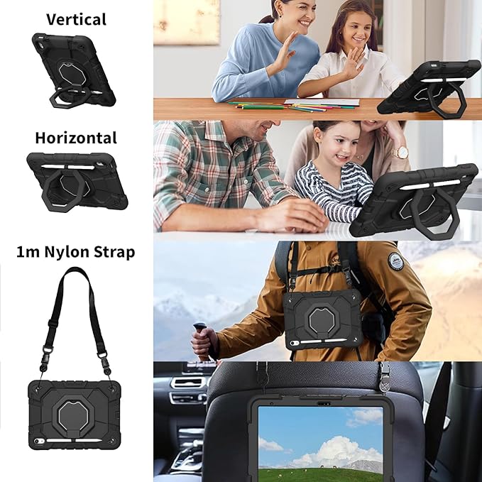 JKSML Case for iPad (A16) 11th Generation 11 Inch 2025 / iPad 10th Gen 10.9 Inch 2022 Military Grade Protection Cover with 360° Rotating Kickstand &amp Pencil Holder &amp Shoulder Strap (Black)